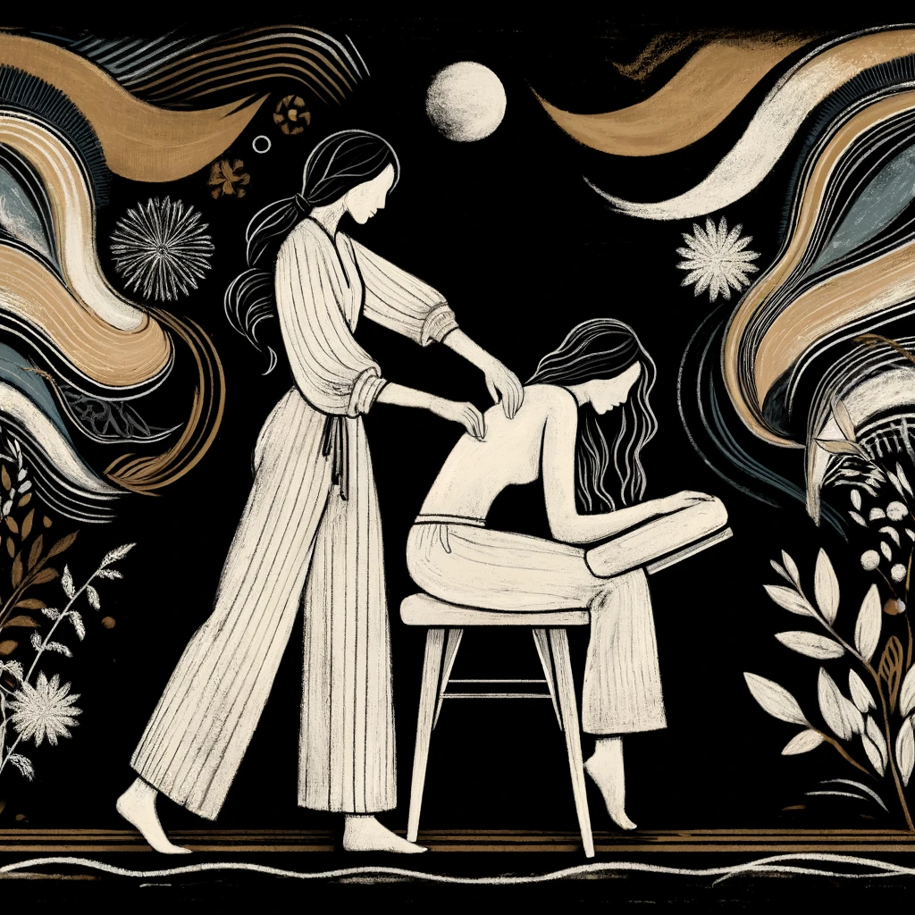 An illustration of a woman giving a woman a chair massage