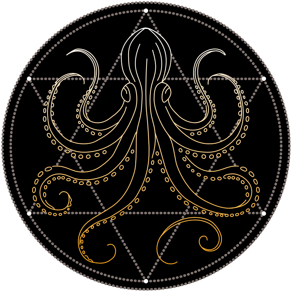 A logo depicting a golden octopus over a star inside a circle.